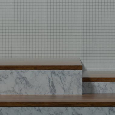 Boş mutfak masası ya da sahnesi ahşap süslemeli ve seramik duvarlı ürün afişi ya da tanıtımı için. 3B illüstrasyon