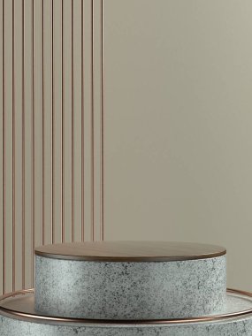 Ürün afişi veya tanıtımı için açık kahverengi duvar arka planına sahip gri mermer yuvarlak ürün sahnesi veya podyumu. 3B Görüntü