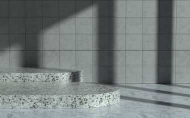 Doğrudan güneş ışığıyla mermer odada ürün podyumu. 3d illüstrasyon