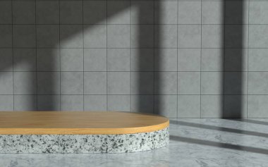 Doğrudan güneş ışığıyla mermer odada ürün podyumu. 3d illüstrasyon