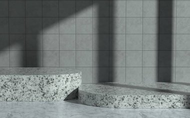 Doğrudan güneş ışığıyla mermer odada ürün podyumu. 3d illüstrasyon