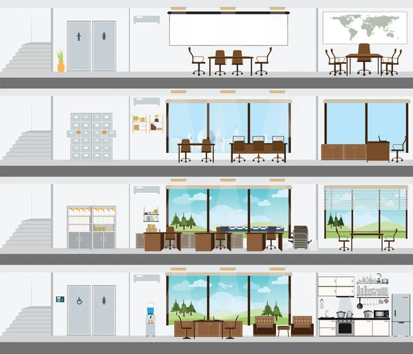 Cutaway Bürogebäude mit Innenarchitektur-Plan — Stockvektor