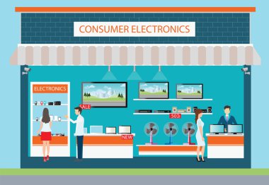 İnsanlar tüketici elektronik mağazasında.