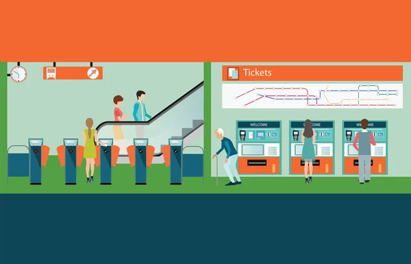 Plataforma de la estación de tren del metro con la gente comprando billete de tren . — Vector de stock