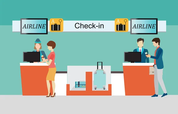 Επιχειρηματίες check-in counter αεροπλάνο. — Διανυσματικό Αρχείο