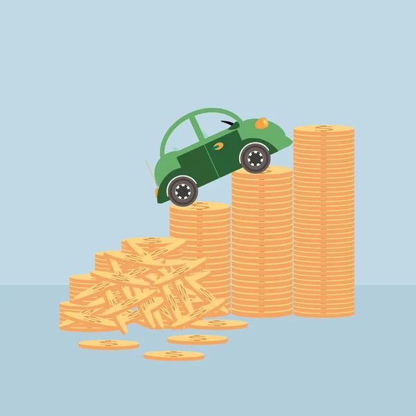 Small car on coin stacks. — Stock Vector
