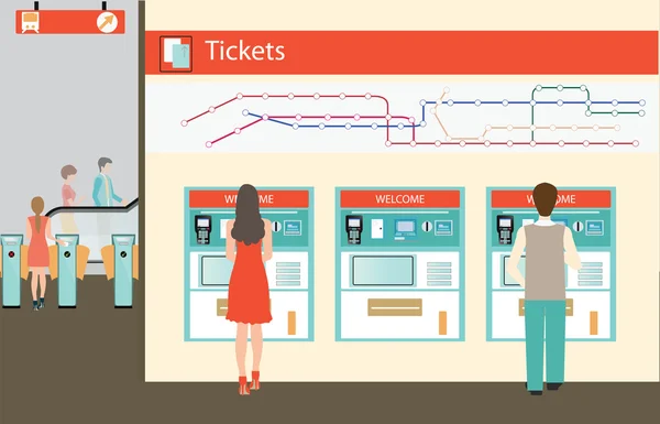 Pessoas comprando um bilhete para o trem . —  Vetores de Stock