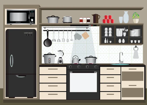 Innenküche mit Küchenregalen. — Stockvektor