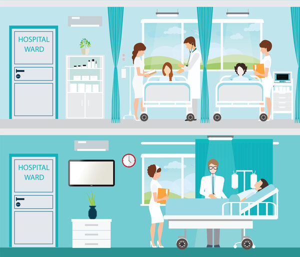 Doctor and patient in Hospital room with beds.