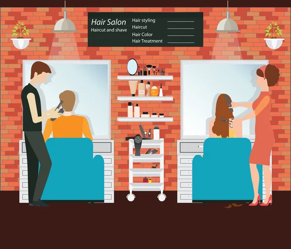 Coiffeur coupe les cheveux du client dans le salon de beauté . — Image vectorielle