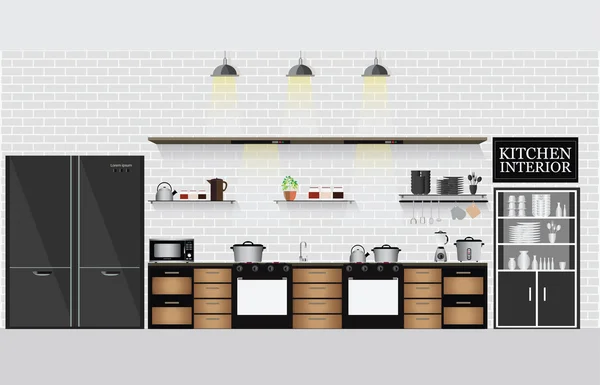 Cocina interior con estantes de cocina y utensilios de cocina . — Vector de stock