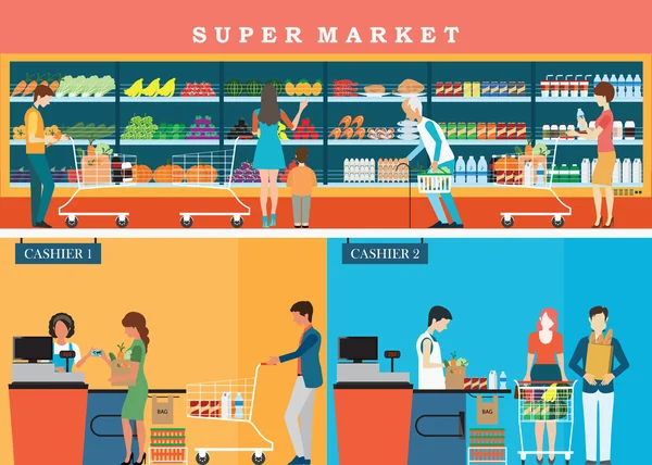 Mensen in supermarkt-supermarkt . — Stockvector