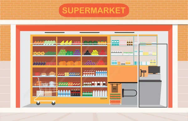 Supermarkt gebouw en interieur met vers voedsel . — Stockvector