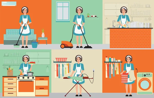Женская уборка для домохозяек . — стоковый вектор