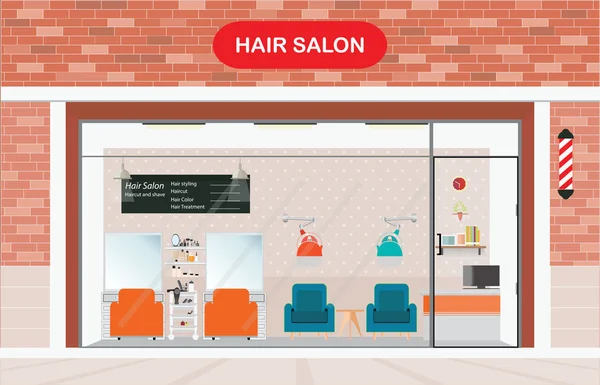 Hair salon zewnętrzny budynku i wnętrza salon piękności. — Wektor stockowy