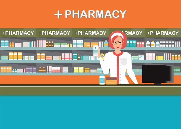 Farmacêutica feminina no balcão de uma farmácia.2 —  Vetores de Stock