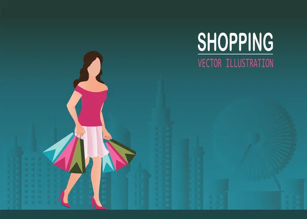 Mulher de compras usando sapatos de salto alto e levando saco de compras — Vetor de Stock