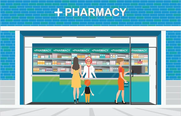 Farmacêutica feminina no balcão de uma farmácia . —  Vetores de Stock