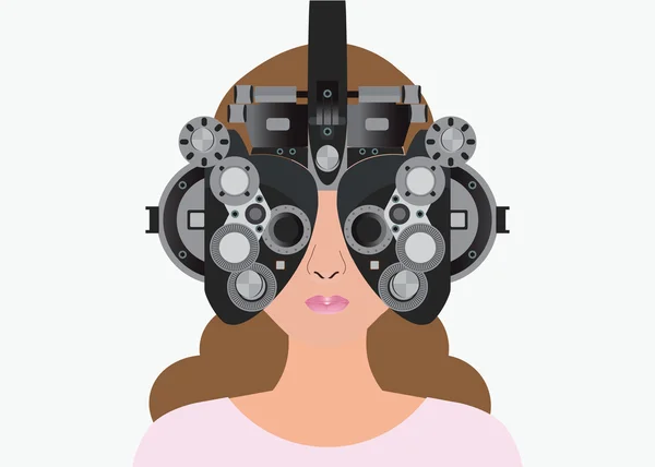 Woman looking through phoropter during eye exam. — Stock Vector