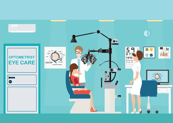 Médico e paciente no interior do Oftalmologista . —  Vetores de Stock