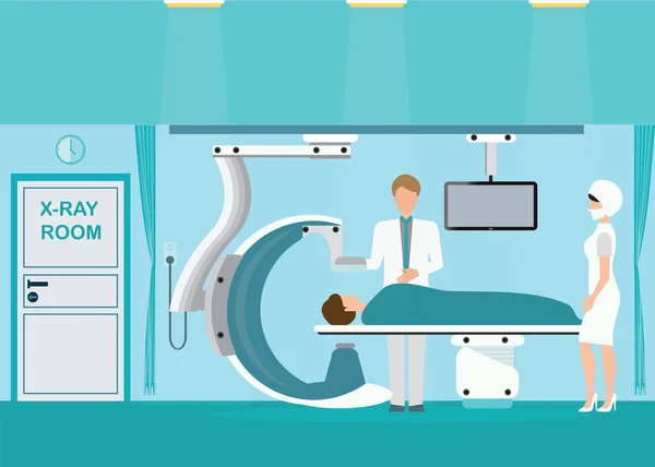 Médico e paciente na sala de cirurgia com raio-X exame médico . —  Vetores de Stock