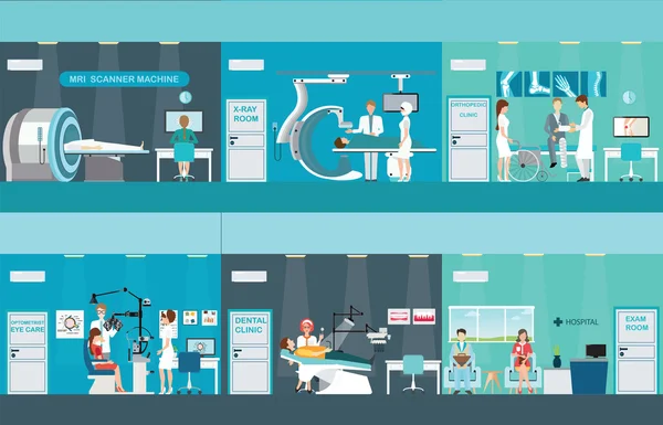 Médicos e pacientes em hospitais . —  Vetores de Stock