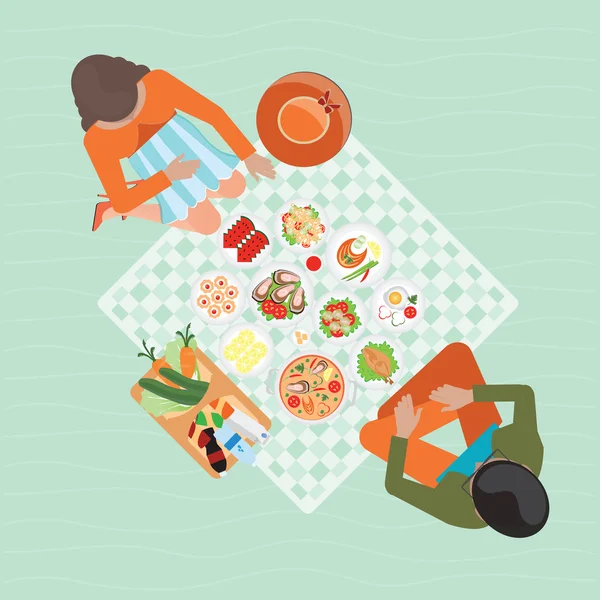 幸せなカップルのピクニック休憩外の平面図. — ストックベクタ