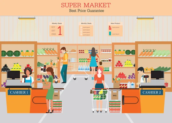 Mensen in supermarkt-supermarkt. — Stockvector