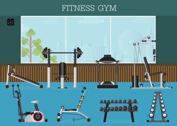 Interior del gimnasio con equipo de gimnasio . — Vector de stock