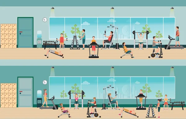 Fitness cardio exercice et de l'équipement avec les gens dans la salle de fitness — Image vectorielle