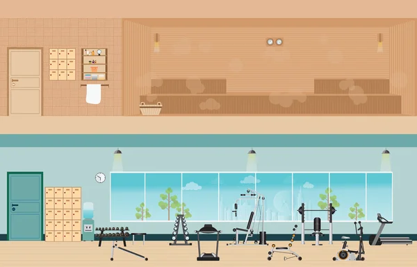 Conjunto de gimnasio interior con equipamiento y sauna interior . — Vector de stock