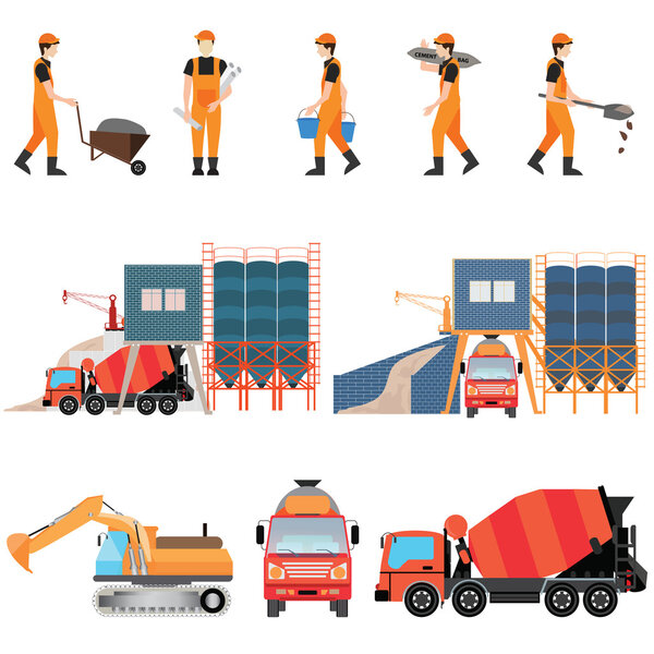 Planta de procesamiento de cemento industrial con el hombre trabajador aislado  . — Vector de stock