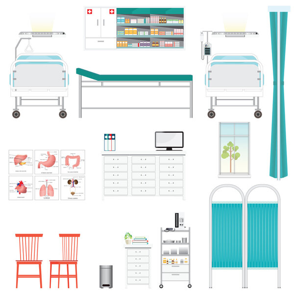 Medical equipment and furniture in hospital.