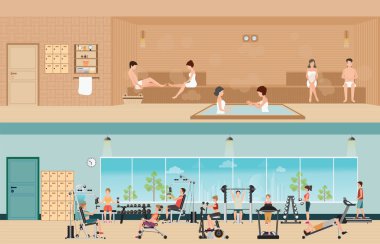 Set of people in fitness gym interior with equipment and sauna i clipart