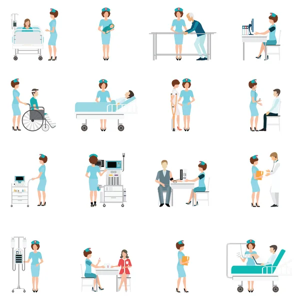 设置与病人的护士医疗装饰图标. — 图库矢量图片