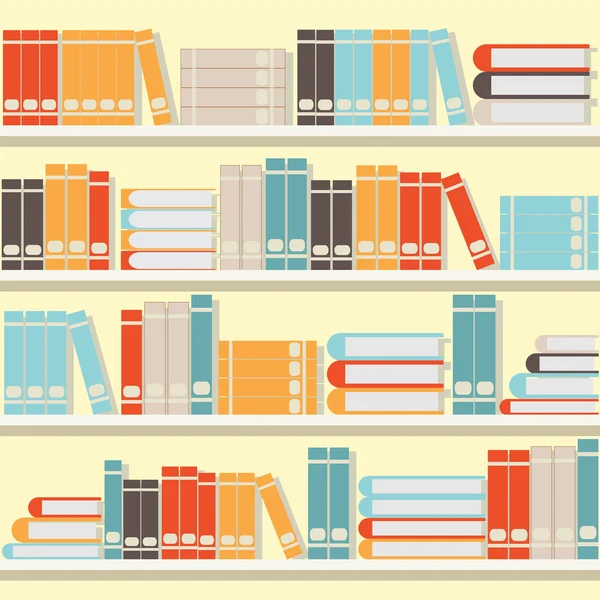 Libro colorido en estantes, biblioteca o librería . — Vector de stock