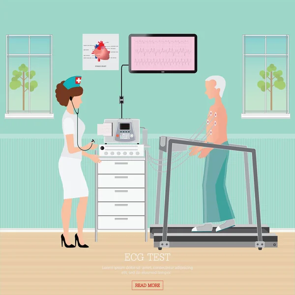 心电图测试或心脏疾病在跑步机上运动负荷试验 — 图库矢量图片