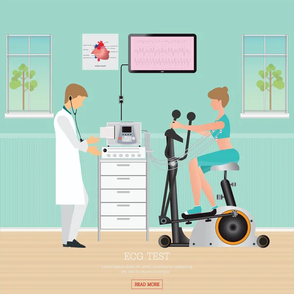 Teste de ECG ou Teste de Exercício para Cardiopatia em Bicicletas de Exercício . —  Vetores de Stock