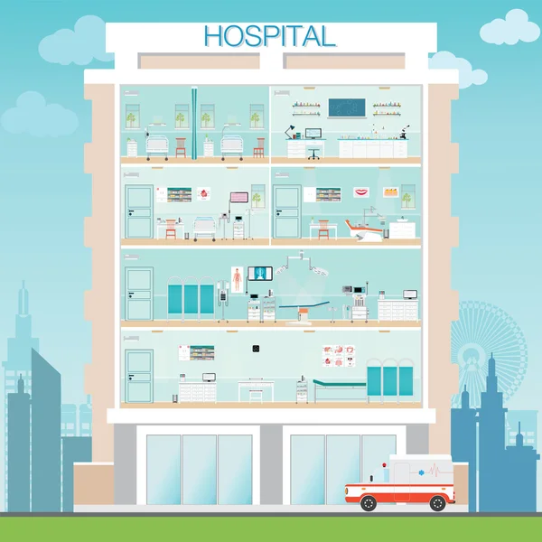 Ziekenhuis bouwen buitenkant met medische ziekenhuis chirurgie operati — Stockvector
