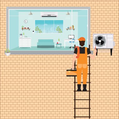 Worker Man climbing ladder to repair air conditioner. clipart