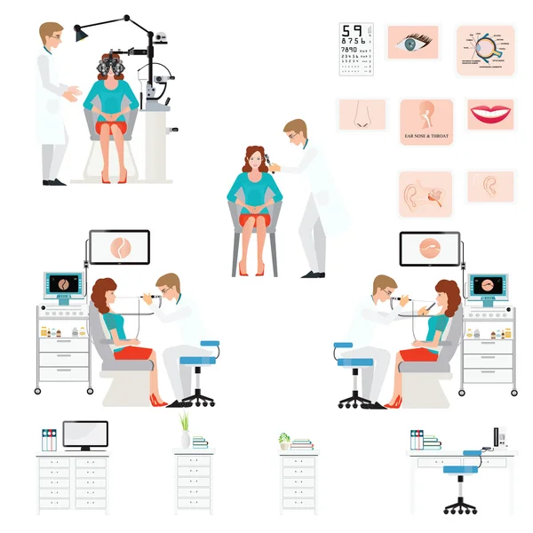 Médico examinando Paciente com endoscópio e Phoropter isolado —  Vetores de Stock