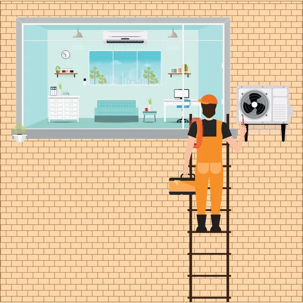 Worker Man climbing ladder to repair air conditioner. — Stock Vector