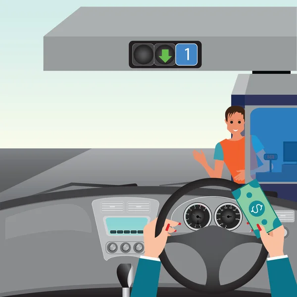 Mãos humanas dirigindo um carro e mostrando carro pagando para acessar Highw —  Vetores de Stock