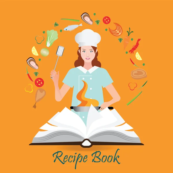 Open receptenboek met vrouw koken — Stockvector