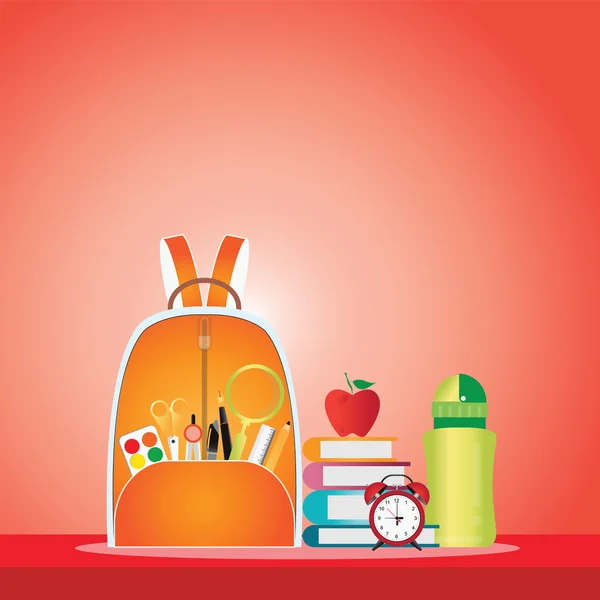Školní batoh s objekty, vzdělávání. — Stockový vektor