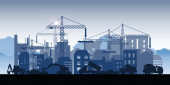 Silhouette of buildings under construction. Process of construction of big building dormitory area.Under construction Building work process with construction machines. Vector illustration.