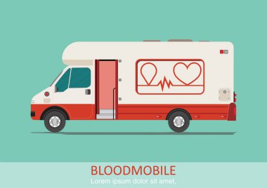 Sağlık hizmeti taşımacılığı, kan nakil aracı. Kan bağışı için özel tıbbi araç. Mobil kan bağışı merkezi araç vektör çizimi.