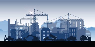 Silhouette of buildings under construction. Process of construction of big building dormitory area.Under construction Building work process with construction machines. Vector illustration. clipart