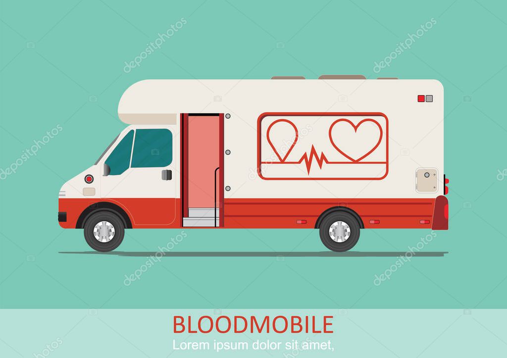 Healthcare transport illustration blood mobile van. Medical special truck vehicle for blood donation. Mobile blood donation center vehicle vector illustration.