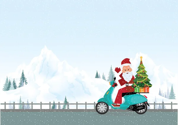 Tarjeta Felicitación Navidad Con Navidad Santa Claus Montar Una Motocicleta — Vector de stock
